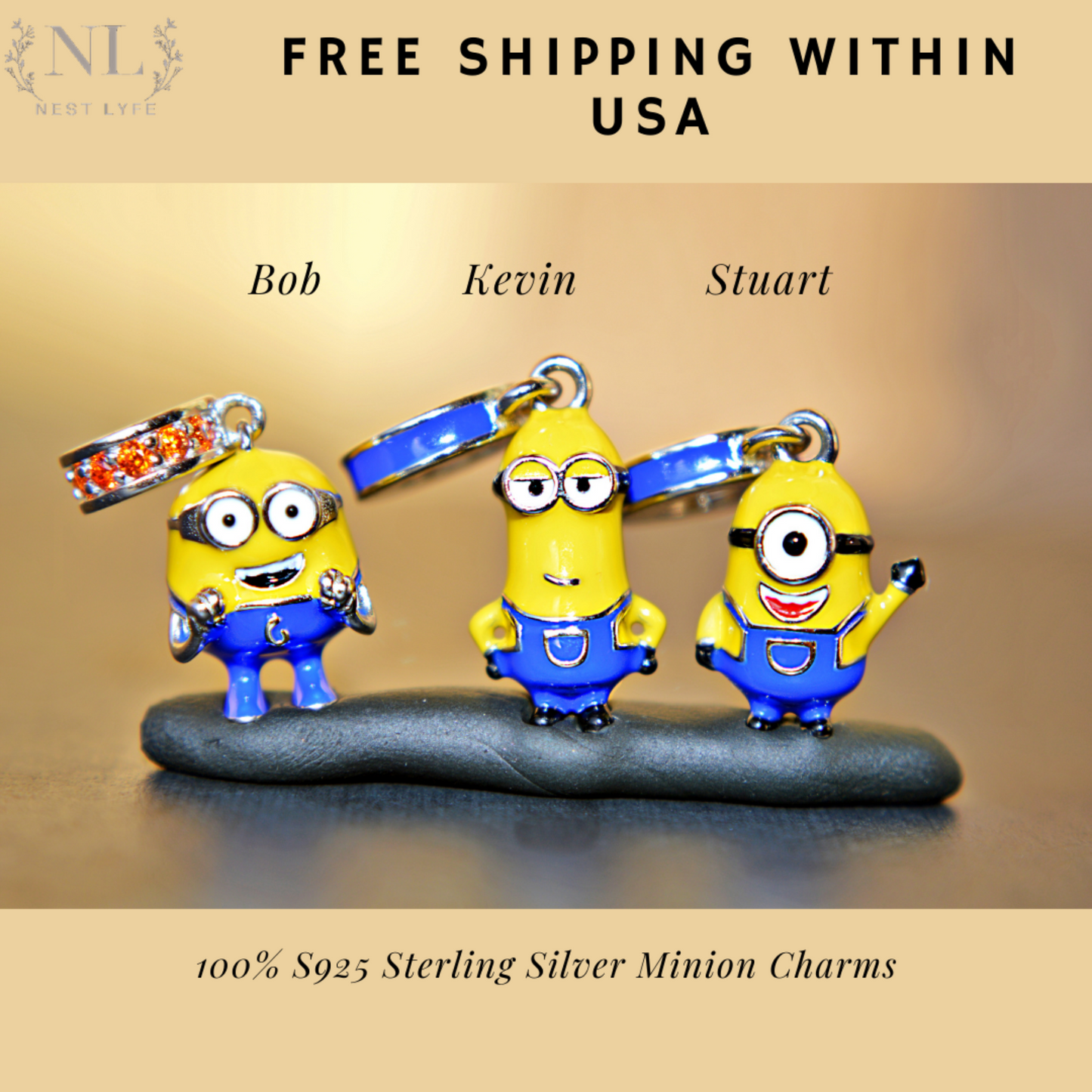 S925 Sterling Silver Minion (from Despicable Me) Charm, Kevin Minion Charm