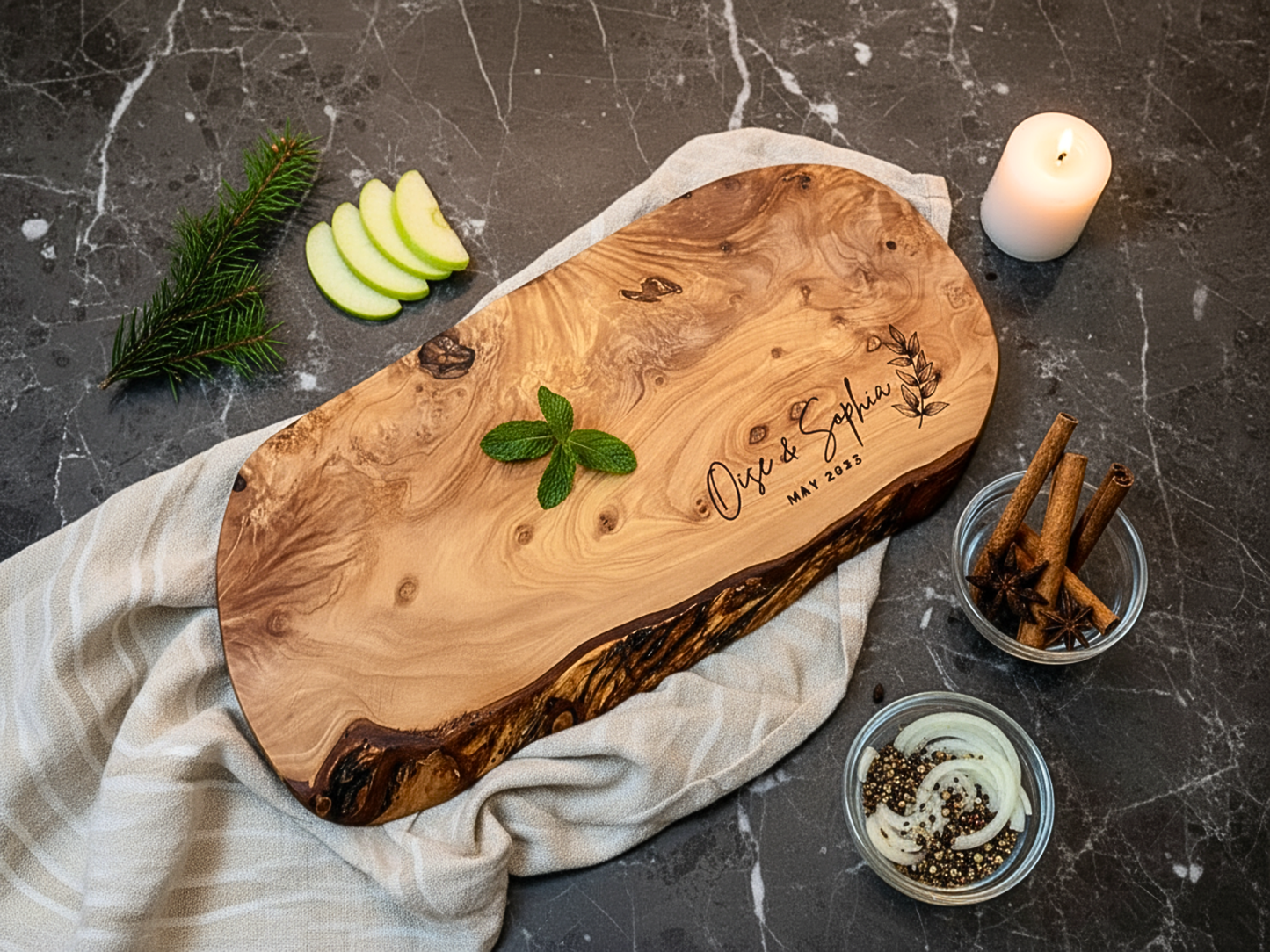 Personalized Olive Wood Live Edge Charcuterie Board